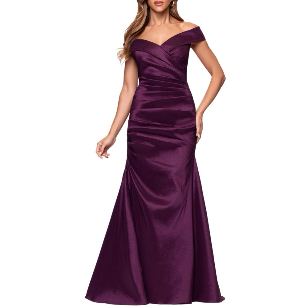 Xscape Off the Shoulder Taffeta Sheath Gown Plum Purple Ruched Size 14
